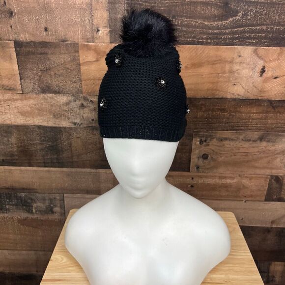 Neiman Marcus Hat Pom Pom Beanie Black Floral Embellished Bling Women One Size - Picture 11 of 11